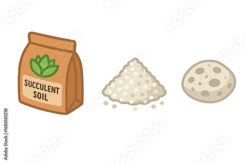 Isometric Soil and Substrate Icons Set with Succulent Soil Bag, Perlite Pile, Pumice Stone Cartoon Vector Illustration for Gardening and Plant Care