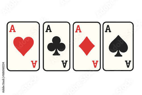 Playing cards set with four aces hearts, clubs, diamonds, spades. Casino gambling concept vector illustration. Cartoon style transparent background poker deck icons.