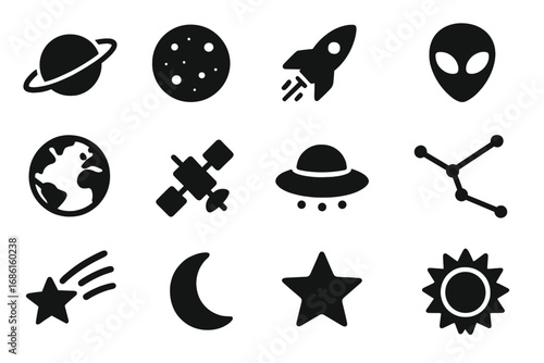 Space and galaxy solid icons set, cosmic celestial design elements, vector cartoon illustration, filled icons with transparent background, ordered set of 12 space symbols