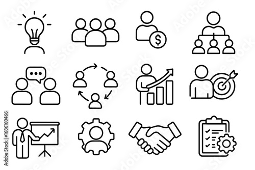 Various business and teamwork concept icons in minimalist line art style, vector cartoon illustration set with transparent background, organized and clean design elements