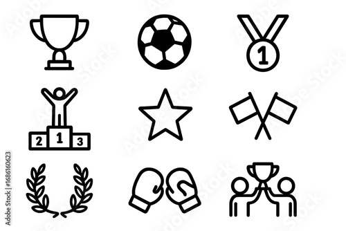 Various Sports Icons and Symbols Representing Achievements, Competition, Victory, and Teamwork in Minimalistic Design, Vector Cartoon Illustration with Transparent Background