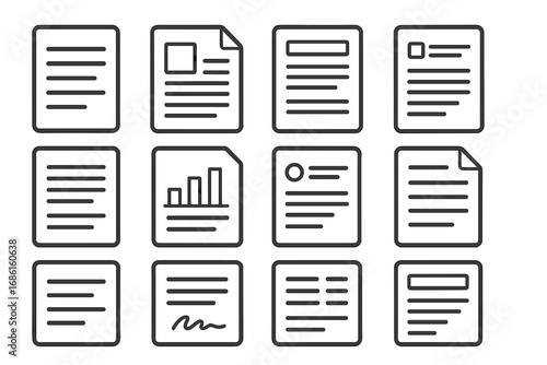 Diverse styles of simple document icons grid, various paper formats, text layouts, charts, signatures, digital paper designs, clean background, vector cartoon illustration, transparent elements