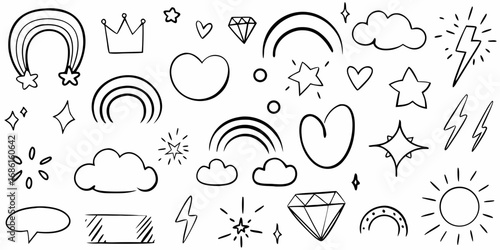 Collection of hand drawn doodle elements including rainbows stars clouds hearts diamonds lightning bolts and a sun