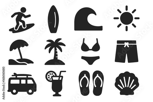 Surfing and beach solid icon set with summer holiday wave sun sea symbols, vector cartoon illustration, water sports icons, tropical vacation elements