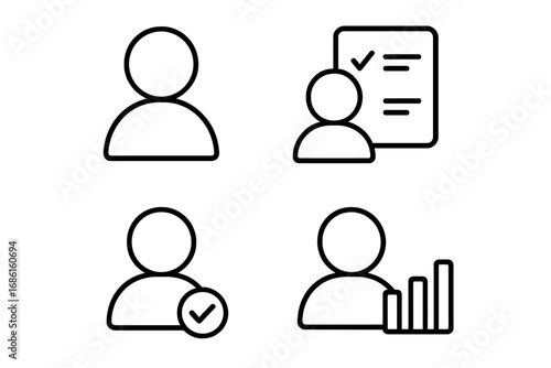 User management outline icon set including profile, task checklist, approval badge, and analytics bar graph, vector cartoon style, transparent background, ordered set of 4 icons