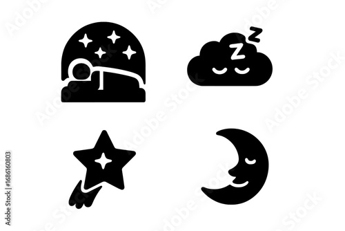 Cosmic dreams solid icon set. Sleep and night symbols. Person sleeping under stars, dream cloud with zzz, wish upon a shooting star, sleeping moon face cartoon vector glyphs.