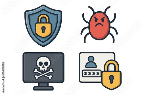 Visual symbols representing cybersecurity concepts with shield protection, virus threats, malware danger, and secure access control padlock. Cartoon vector illustration with transparent background