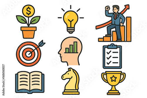 Visual representation of growth concepts with icons for personal development, professional success, business strategy, achievement, innovation, and progress. Vector cartoon illustration.