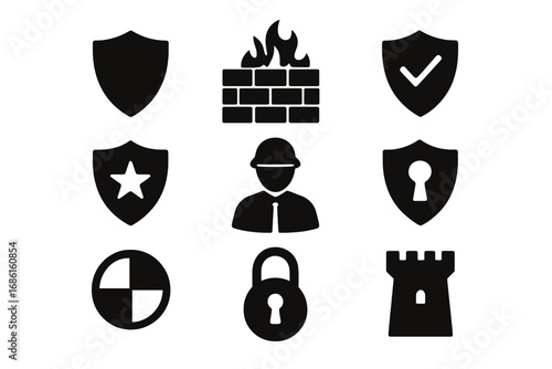 Security and protection icon set with shield, firewall, lock, defense and safety silhouettes, vector cartoon illustration, transparent background, ordered collection of security symbols
