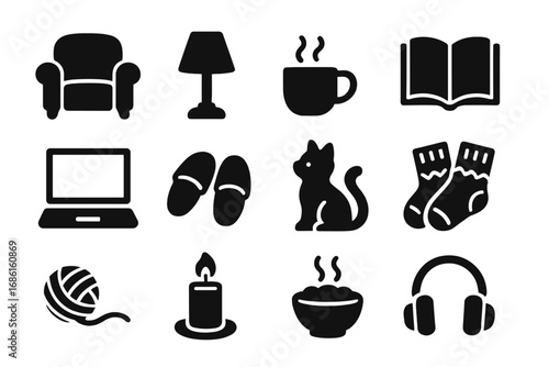 Cozy home lifestyle solid icon set. Hygge comfort and leisure symbols. Relaxation concept with book, cat, coffee, candle. Vector silhouette glyph collection for design.