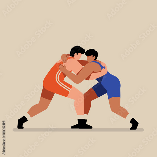 Two wrestlers in a dynamic pose, engaged in a competitive match.