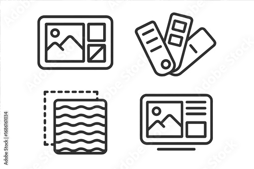 Creative process and graphic design vector icon set. Outline icons of moodboard, storyboard, color palette swatch, fabric texture, and web design layout for branding.