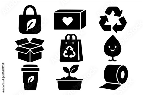 Sustainable packaging silhouette icons set, eco-friendly recyclable environmental symbols, green nature leaf shopping bag and box, biodegradable plant growth vector illustration