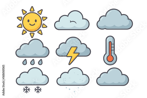 Weather icons set depicting diverse conditions such as sun, clouds, rain, thunderstorms, temperature, snow, and varying weather elements with cute cartoon style, transparent background vector