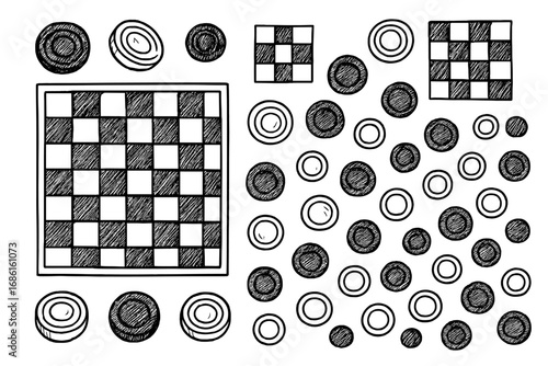 Hand drawn checkers and draughts game elements set. Doodle sketch vector illustration of a checkerboard and pieces for a classic board game. Isolated monochrome strategy concept.