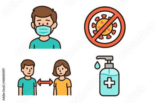 Pandemic safety measures icon set. Vector cartoon illustration of health awareness concepts like wearing a face mask, social distancing, using hand sanitizer, and stop virus sign.