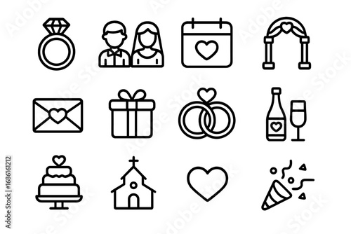 Wedding and Celebration Line Icon Set, Marriage and Ceremony Vector Icons, Event Symbols, Engagement and Party Elements, Transparent Background, Cartoon Style