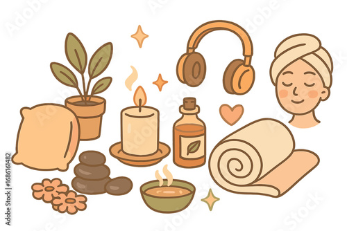Wellness items and symbols for relaxation, self-care, meditation, spa, aromatherapy, cozy home setting, calming lifestyle, vector cartoon illustration with transparent background
