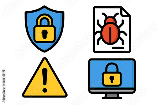 Visual symbols representing cybersecurity concepts including protection, threats, secure access control, data security, virus alert, and internet safety, vector cartoon illustration