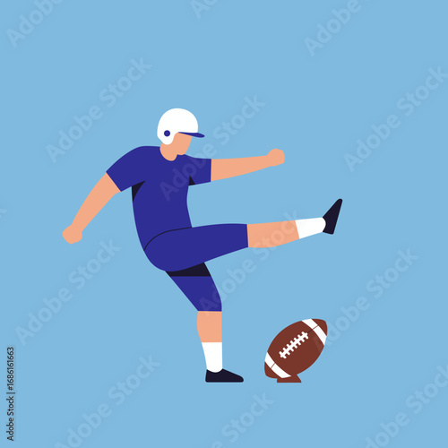 A football player in uniform preparing to kick a football on a blue background.
