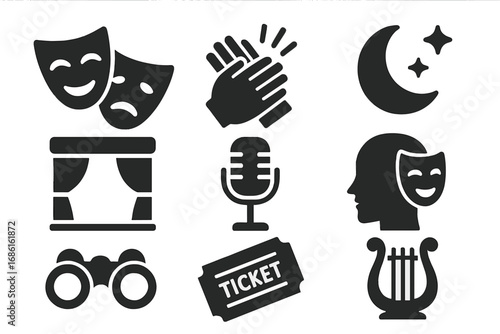 Theater and Performing Arts Icon Set with Drama Masks, Applause Hands, Night Symbols, Microphone, Tickets, Binoculars, and Lyre – Solid Vector Collection for Entertainment and Show Business