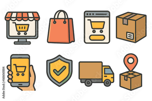 E-commerce icon set. Online shopping symbols. Vector graphics for logistics, shipping, mobile store, secure payment, package tracking and digital retail business.