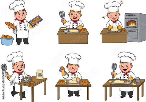 Cartoon chef baking bread and cookies, funny baker character cooking illustration, pastry chef preparing dough, bakery kitchen vector design