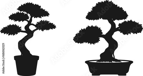 Two Bonsai Trees in Pots Black Silhouette Style on White Background Minimalist Design silhouette
