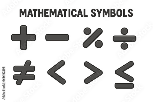 Mathematical symbols vector set. Plus, minus, percent, divide, greater than, less than icons for education, school, and arithmetic. Black flat design cartoon illustration.
