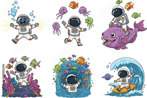 Funny cartoon astronaut swimming with colorful fish, riding giant fish, surfing space waves, underwater astronaut adventure vector illustration design