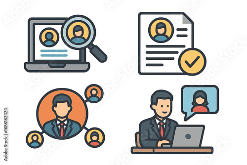 Job recruitment icon set. Online hiring and networking. Human resources concept. Search for candidate. Resume CV and approved application. Virtual interview and team building.