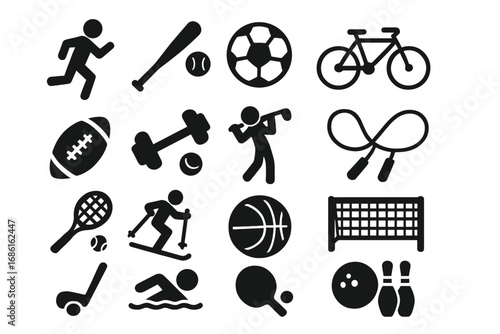 Sports and Recreation Silhouette Icon Set, Active Lifestyle Games and Equipment, Vector Cartoon Illustration with Transparent Background, Fitness, Outdoor and Indoor Activities Icons