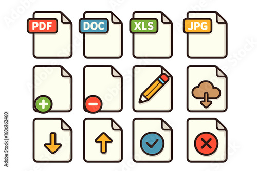 Vector icons set for file formats and document functions, cartoon style illustration with transparent background, including PDF, DOC, XLS, JPG, editing, uploading, downloading, and status symbols