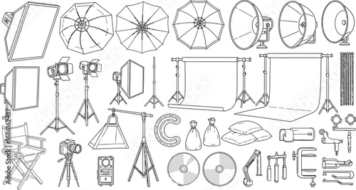 A detailed line drawing of photography studio equipment and accessories in a clean layout