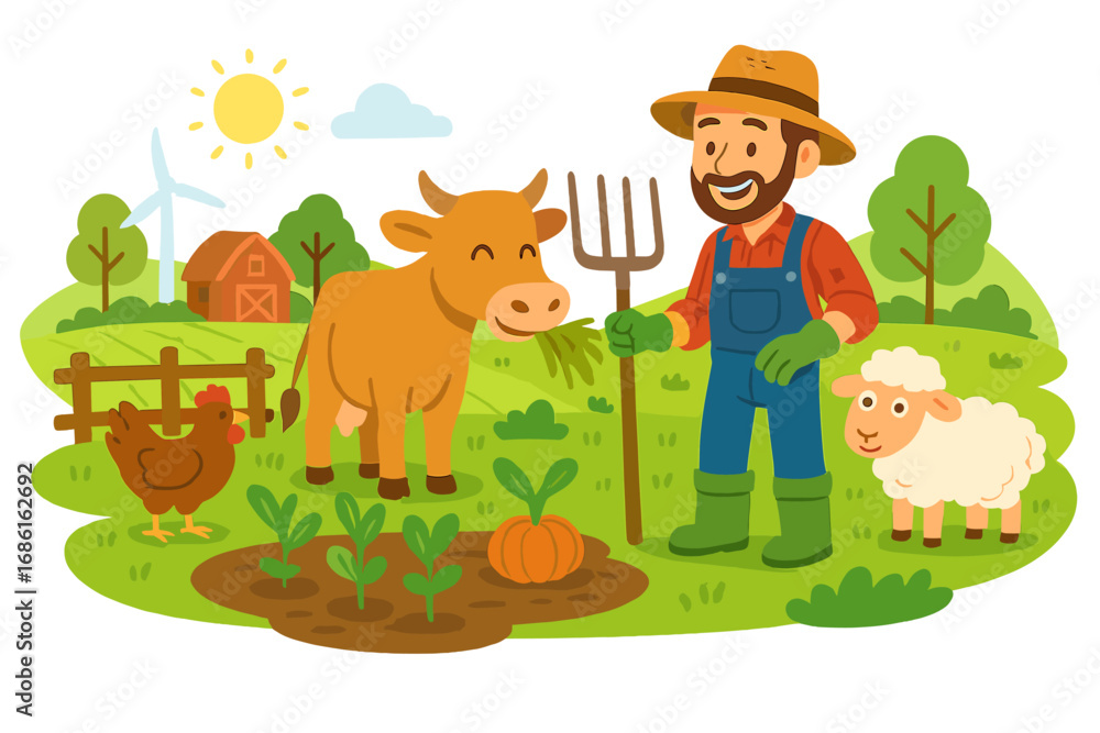 Naklejka premium Farmer tending to farm animals and crops on a vibrant countryside farm, showcasing sustainable agriculture, eco-friendly farming, and rural life, vector cartoon illustration