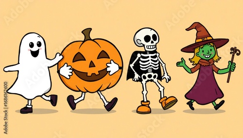 Four halloween characters walking together happily on a light orange background