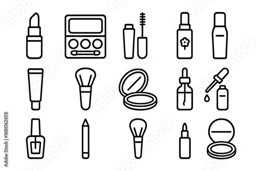 Makeup essentials line icon set. Beauty and cosmetics collection. Vector outline symbols for skincare, glamour and salon. Lipstick, mascara, brush, powder, foundation icons.