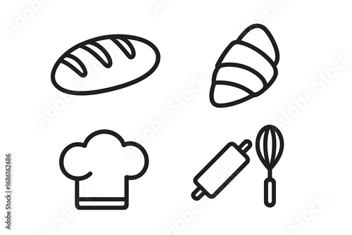 Bakery and pastry line icon set. Minimalist vector symbols of bread, croissant, chef hat, rolling pin, whisk. Concept for baking, cooking, patisserie, kitchen, cafe menu.