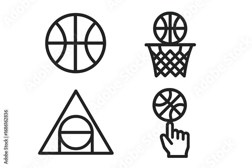 Basketball line icon set. Minimalist sport symbols. Ball, basket, hoop, spinning on finger. Vector geometric game pictograms for web, logo, app. Outline graphic design elements.