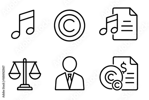 Music copyright and licensing vector icon set. Legal symbols for intellectual property protection, author ownership, publishing rights, song license, and royalty agreement.