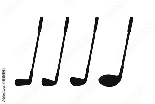 Minimalist golf club silhouettes set. Vector collection of sports equipment icons. Includes driver, wood, iron and putter. Isolated for graphic design and golfing themes.