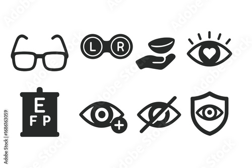 Vision care solid icon set with glasses, contact lenses, eye health symbols, optometry tools, eye chart, eye protection, and vision enhancement vector illustration with transparent background