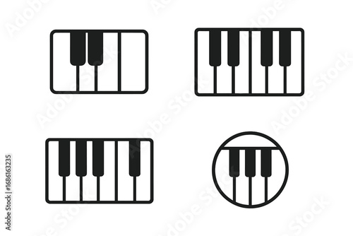 Piano keyboard icon set. Minimalist music symbol collection. Simple black and white vector graphic for logo, app, web design. Musical instrument keys pictogram silhouette.