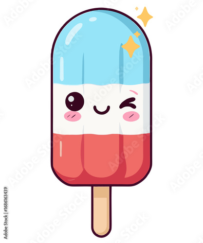 Cute kawaii red white and blue popsicle winking with sparkles isolated on transparent background