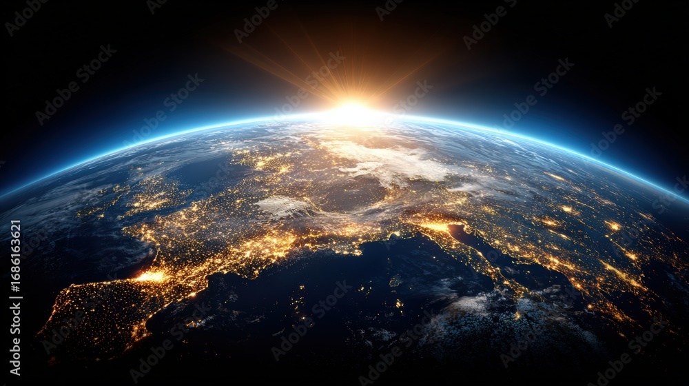 Obraz premium Stunning view of Earth from space showing the sun rising over the horizon with illuminated continents and glowing city lights at night