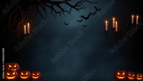 Spooky halloween night scene with jack o lanterns and flickering candles