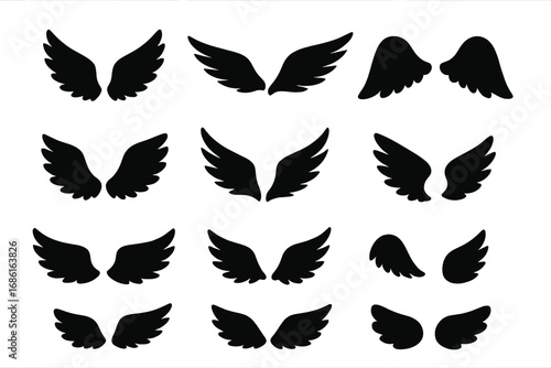 Wings silhouette icon set, flight symbols collection, angel and bird wings vector icons, silhouette style cartoon illustration, transparent background, ordered vector set 1