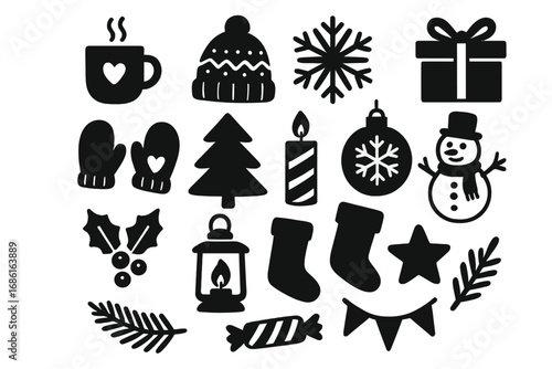 Winter season silhouette icons set with cozy festive holiday decor symbols, cartoon vector illustration, transparent background, ordered collection of seasonal winter icons