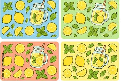 Summer lemonade pattern set with fresh lemons and mint. Vector cartoon illustration collection of citrus drinks in mason jars on colorful backgrounds. Healthy fruit beverage design.