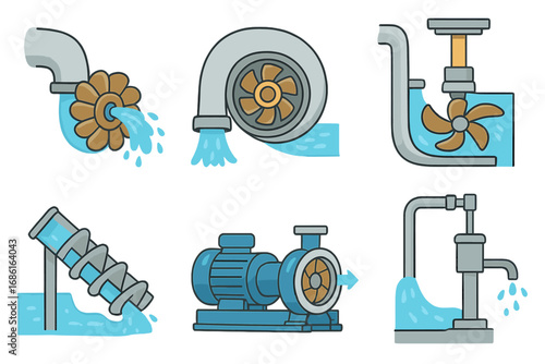 Various Types of Water Turbines and Pumps Illustrated in Clear Cartoon Style, Showcasing Functionality, Design Elements, and Flow Dynamics, Vector Technical Illustration